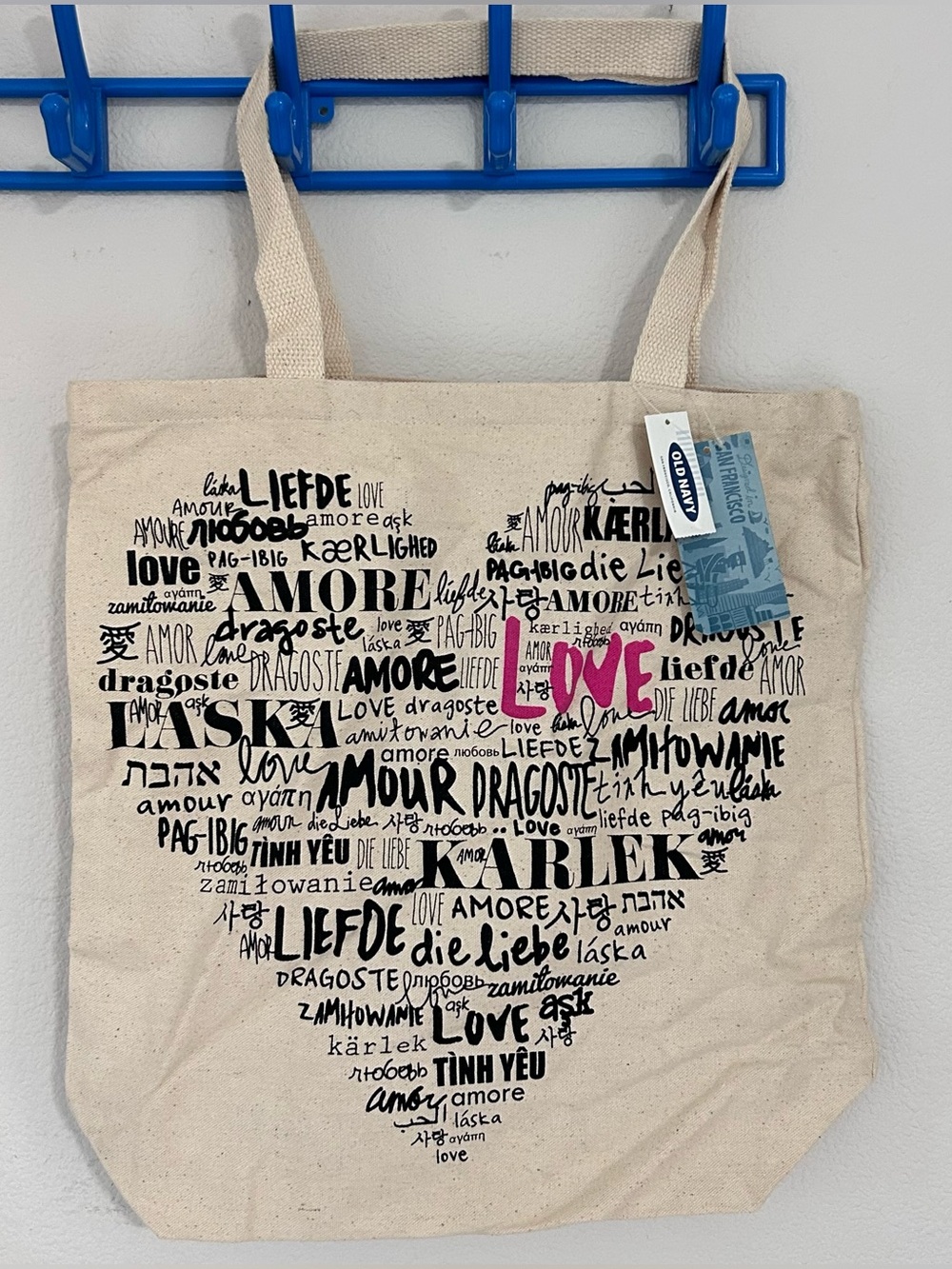 Old Navy 2014 Japan Version Multi-Language LOVE Motif Cotton Tote Beige OS Rare